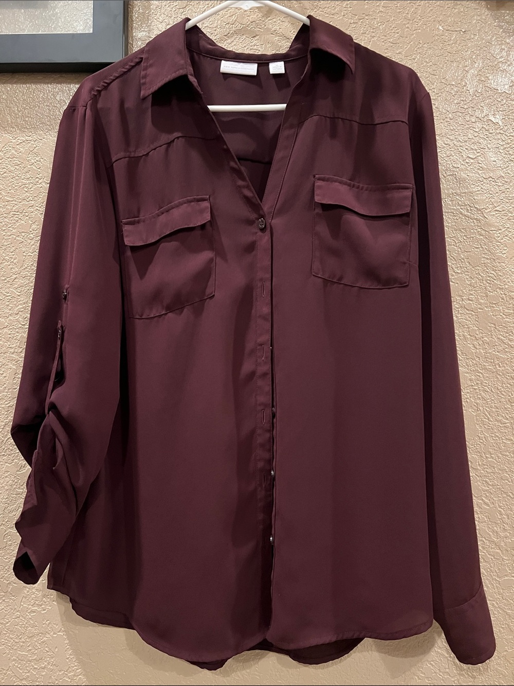 New York & Company Burgundy Button-Front Blouse